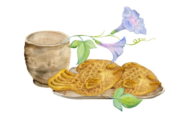 Doces japoneses tradicionais desenhados à mão em aquarela prato de cerâmica taiyaki flores de verão e sino de vento isolado no fundo branco para convites menu de restaurante cartões de saudação impressão têxtil