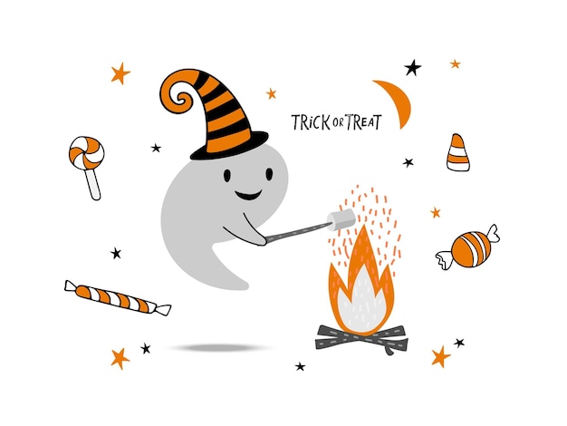 Doces ou travessuras cartão de halloween. fantasma bonito assa marshmallows na vara sobre a fogueira. fantasma sorridente