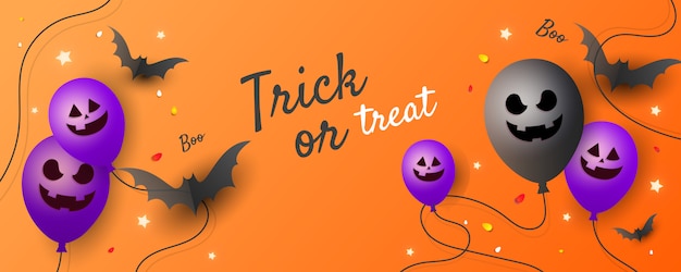 Doces ou travessuras de Halloween, convite para festa com balões assustadores, um bastão e estrelas