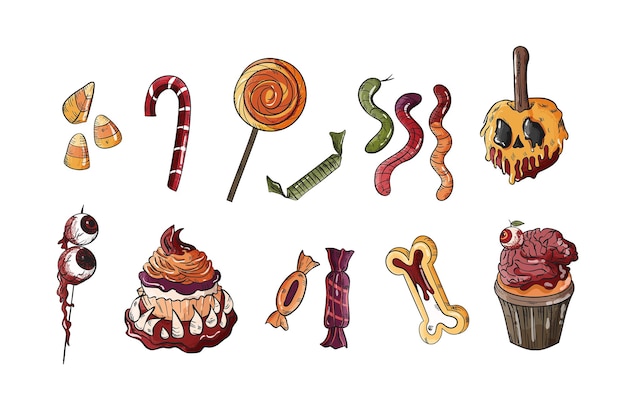 Doces ou travessuras ilustração vetorial de doces de dia das bruxas comida de dia das bruxas