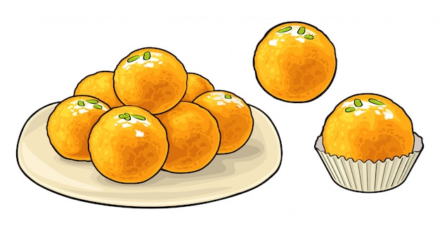 Doces tradicionais indianos Ladoo no prato. ilustração plana