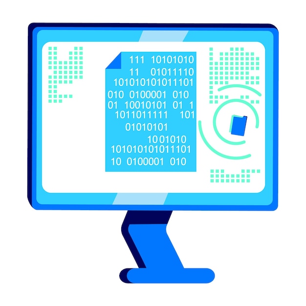 Documento criptografado no monitor do computador objeto de vetor de cor semi plana item de tamanho completo em branco armazenamento de dados carreira na codificação de ilustração simples de estilo de desenho animado para design gráfico e animação na web