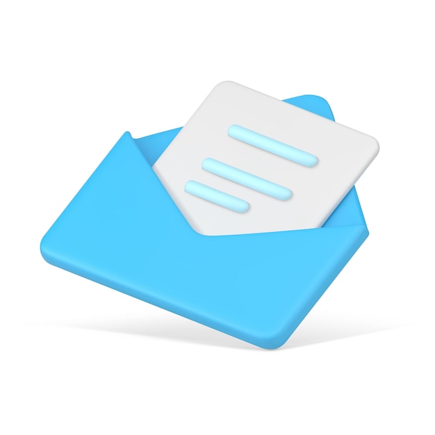 Documento em envelope 3d azul aberto Folha de papel branca com texto listrado