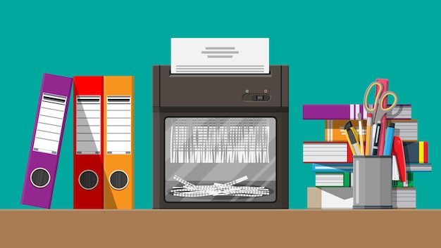 Documento em papel na máquina trituradora. Rasgado para destruir o documento. Conceito de rescisão de contrato. Mesa com livros, papelaria, pasta de argolas. Ilustração vetorial em design plano