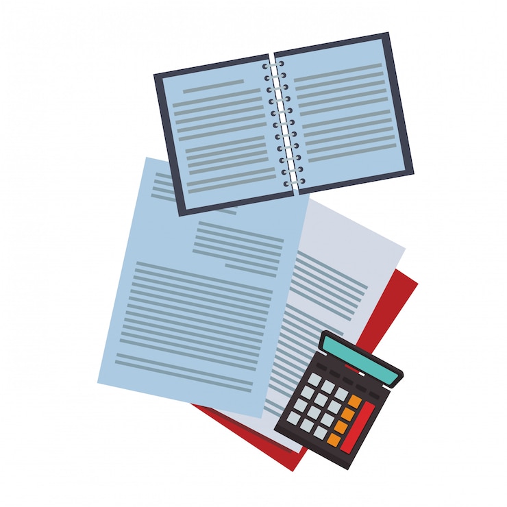 Vetor documentos e notebook com calculadora
