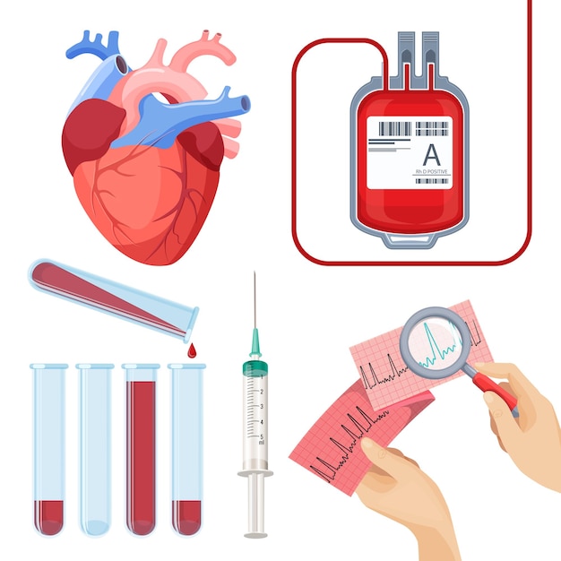 Doe o conceito de sangue. saco plástico de serviço do doador, frascos e seringa, eletrocardiograma nas mãos