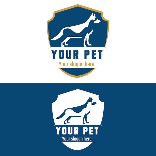 Dog body logo design veterinary pet logo template design moderno ilustrações vetoriais de logotipo plano azul