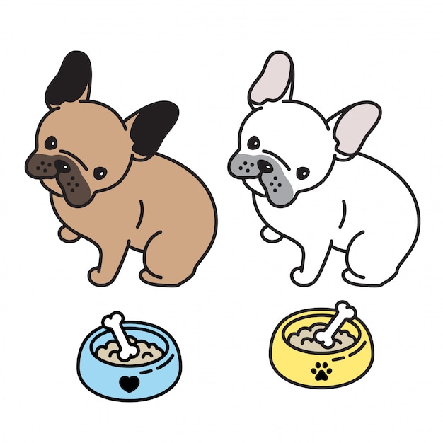 Dog vector french bulldog puppy bone tigela dos desenhos animados