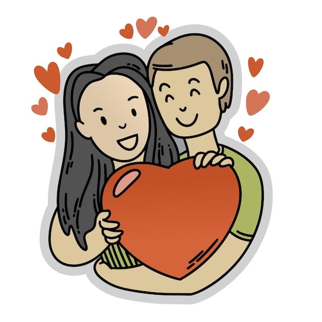 Dois amantes fofos abraçam o coração. desenho de rabisco. ilustração vetorial