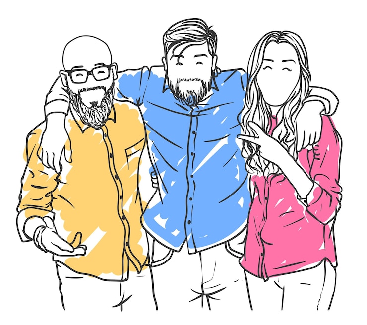 Vetor dois amigos masculinos e femininos reunidos e rindo juntos desfrutando do fundo vetorial
