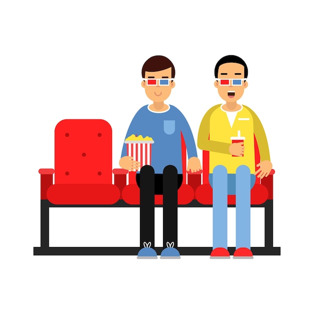 Vetor dois amigos sentados no cinema e assistindo a ilustração vetorial de filme 3d em um fundo branco