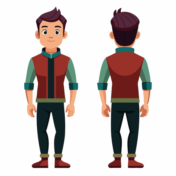 Vetor dois ângulos diferentes de um homem com uma camisa que diz vetor de design plano para animação