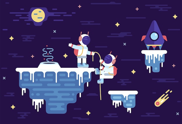 Dois astronautas em uma ilustração de desenho vetorial de asteróide gelado