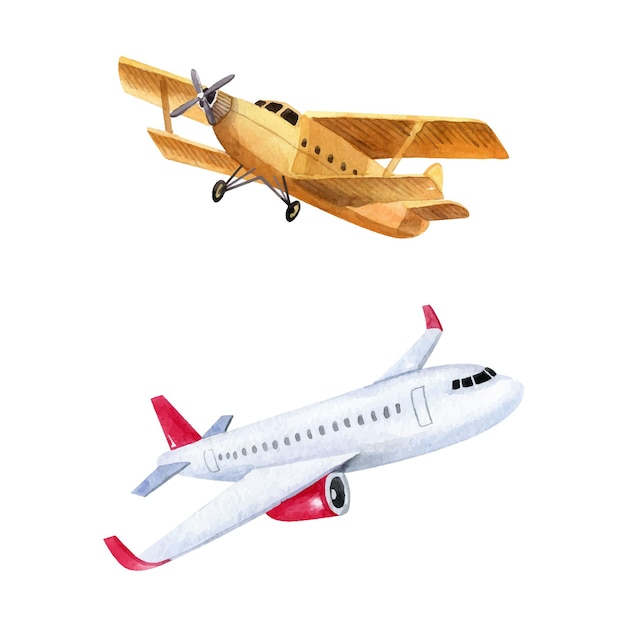 Dois aviões isolados no fundo branco Avião branco e aeronaves leves amarelas Arte vetorial