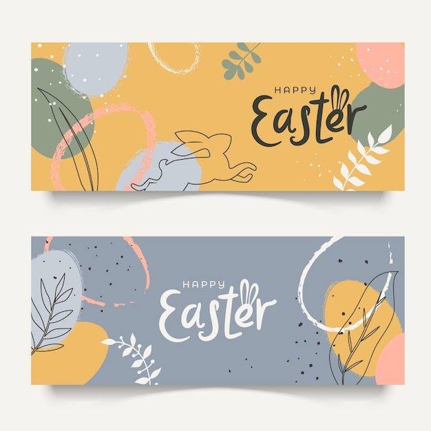 Dois banners horizontais com decorações de Páscoa desenhadas à mão em cores pastel