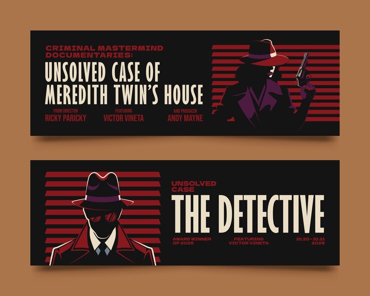 Vetor dois banners horizontais com temas escuros para um conjunto de séries documentais de crime