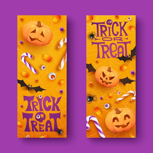 Dois banners horizontais de Halloween com aranhas doces, morcegos e abóboras em fundo laranja