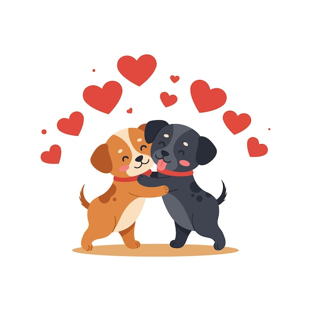 Dois cachorros afetuosos abraçando-se com corações vermelhos acima em uma ilustração vetorial de estilo lindo