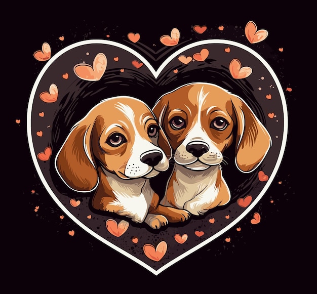 Vetor dois cães beagle sentados na frente de um coração com corações no fundo