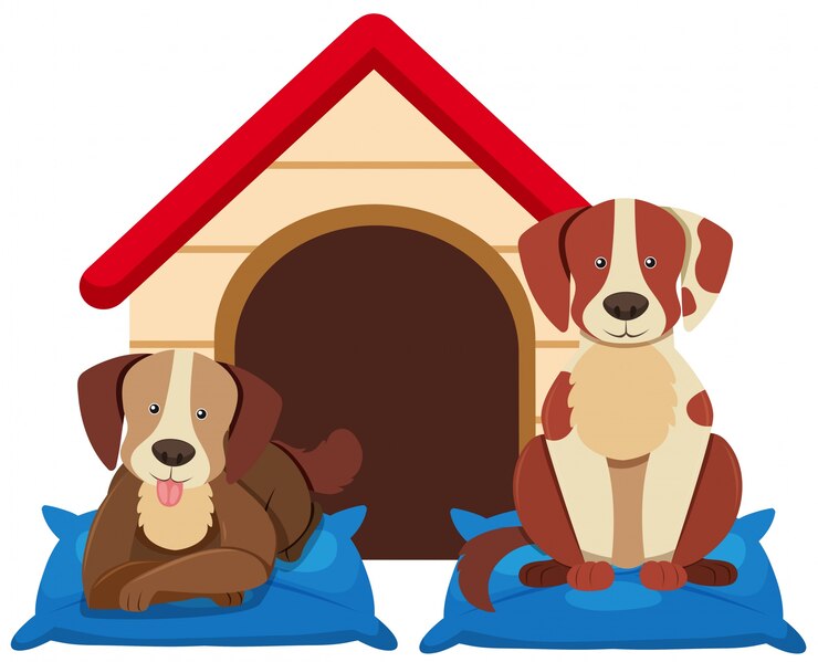 Vetor dois cães bonitos pela casa de cachorro
