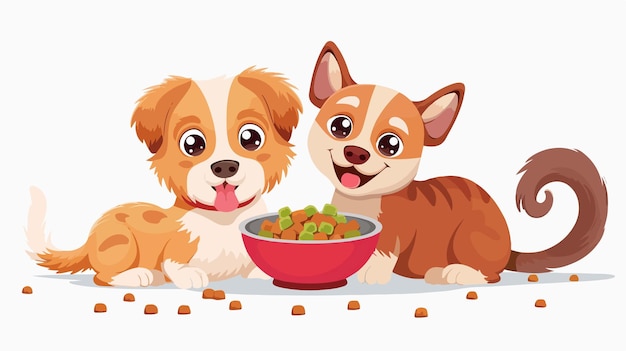 dois cães comendo comida de uma tigela com uma tigela de comida