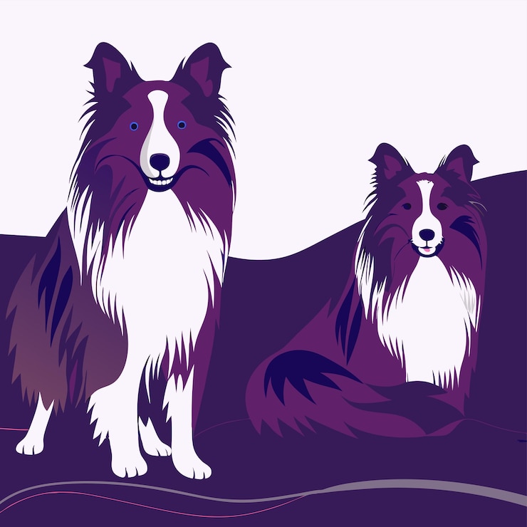 Vetor dois cães estão de pé na frente de uma montanha