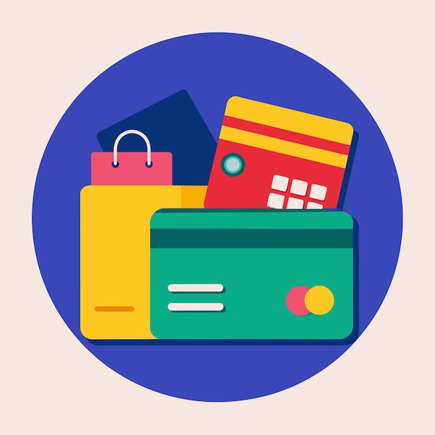 Vetor dois cartões de crédito colocados em cima de sacos de compras simbolizando pagamento e compras pagamentos de compras por cartão ilustração vetorial plana simples e minimalista