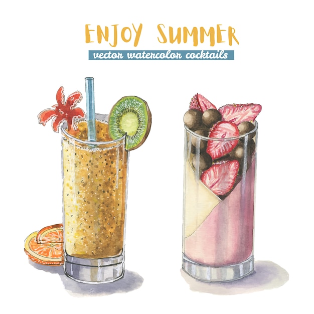 Vetor dois cocktails de verão em aquarela