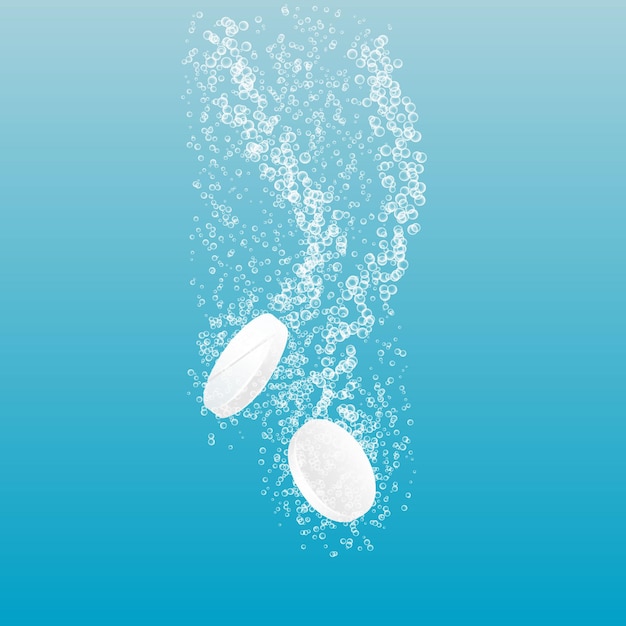 Dois comprimidos de dissolução. comprimido solúvel em fundo transparente. comprimido efervescente. vitamina c. ilustração em vetor.
