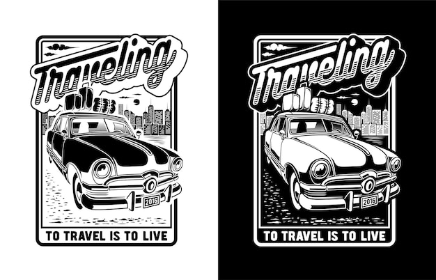 Vetor dois conjuntos de ilustrações de carros de viagem em um fundo preto e branco