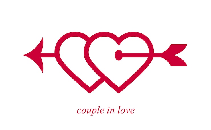 Vetor dois corações duplos com flecha de cupido de arco ícone vetor ou logotipo casamento e conceito de casal tema romântico cuidado e união dois corações ligados conectados