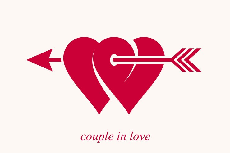 Vetor dois corações duplos com flecha de cupido de arco ícone vetor ou logotipo casamento e conceito de casal tema romântico cuidado e união dois corações ligados conectados