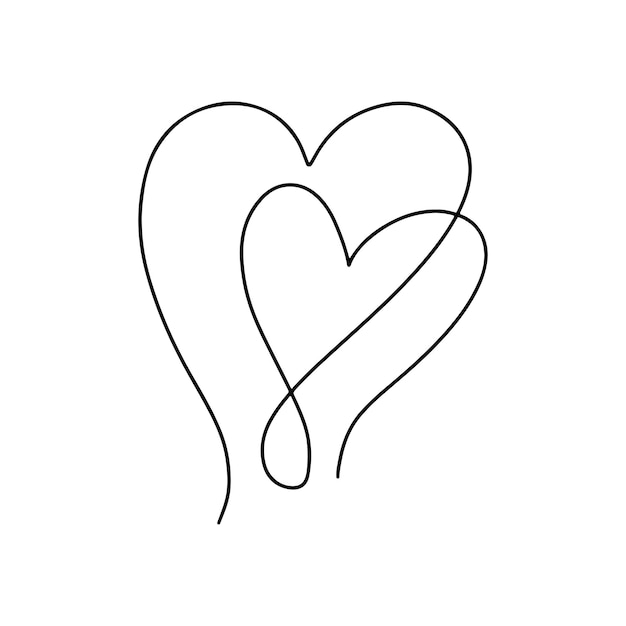 Dois corações em uma única linha contínua estilo desenhado à mão ilustração vetorial isolada em branco