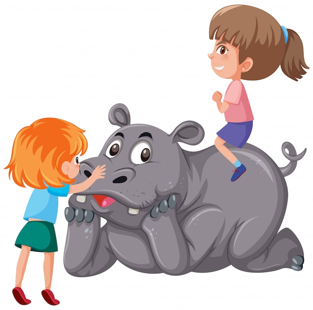 Dois, crianças, montando, rinoceronte