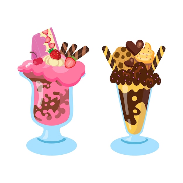 Dois deliciosos milkshakes de sobremesa ou sorvete com coberturas como biscoitos de bolo e chocolate Ilustração vetorial