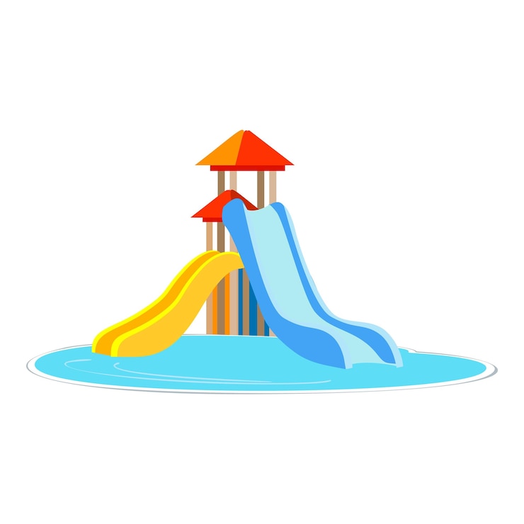 Vetor dois escorregadores de água coloridos levando à piscina em fundo branco