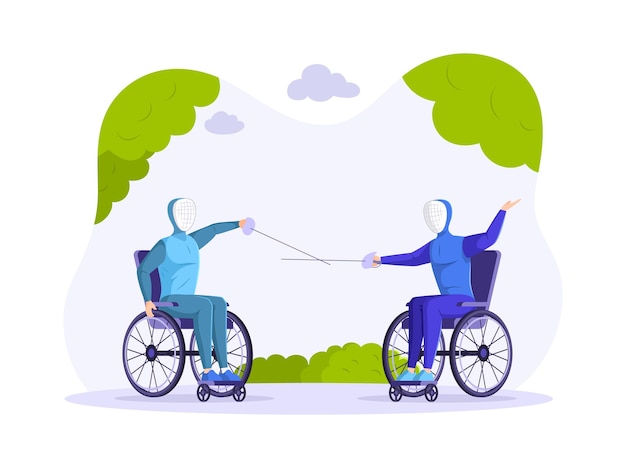 Dois fatos de protecção para deficientes físicos esgrima, sentado em cadeira de rodas. desativar jogos de esporte para deficientes físicos