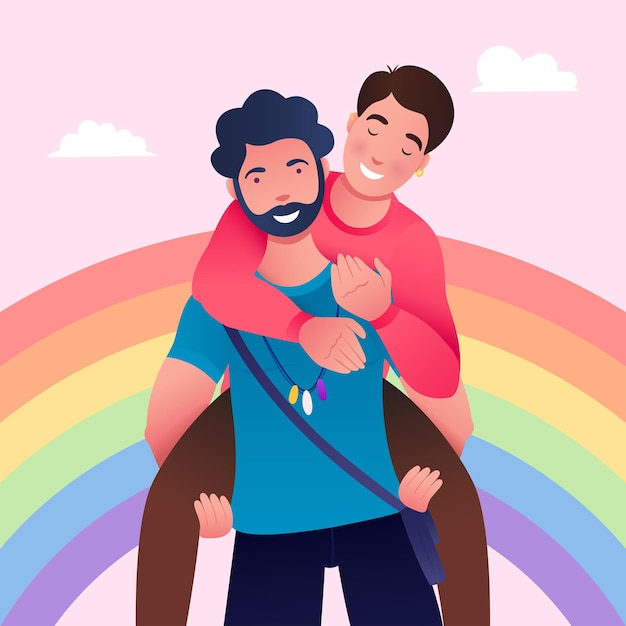 dois gays felizes com bandeira LGBT e desfrutando de orgulho
