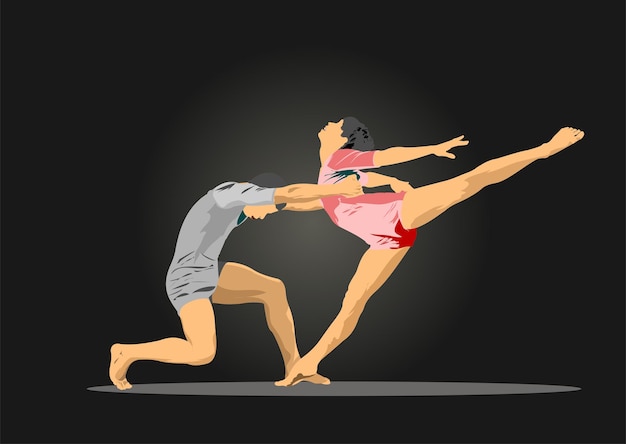 Dois ginastas estão realizando um exercício acrobático perfeitamente sincronizado