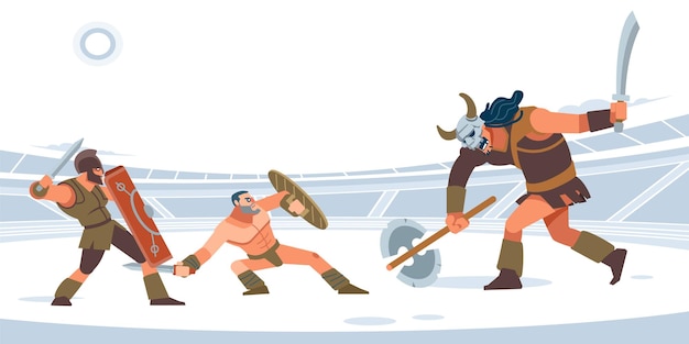 Vetor dois gladiadores contra o monstro gigante na arena fundo isolado branco estilo plano vetorial