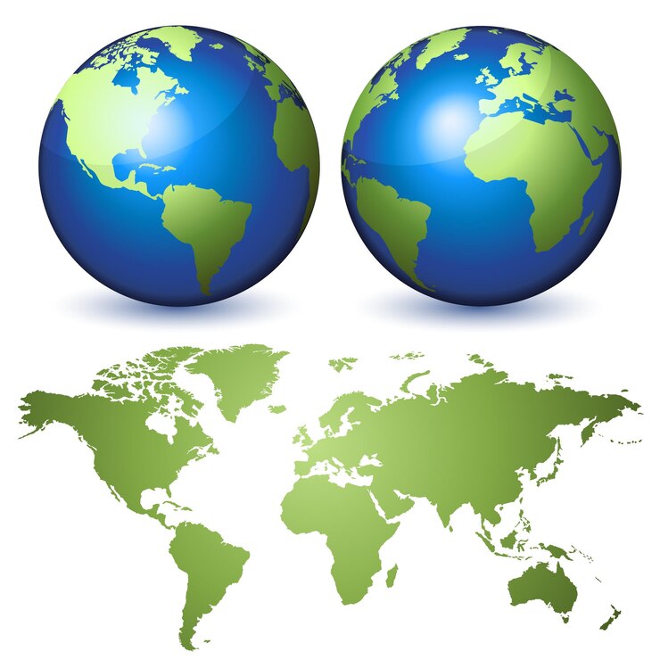 Dois globos representando a Terra e um planisfério