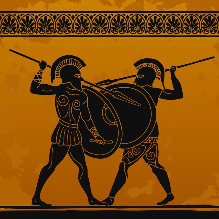 Vetor dois guerreiros gregos antigos com lanças e escudos nas mãos