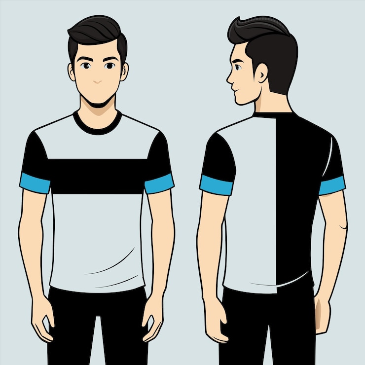 Vetor dois homens de camisa azul e branca com um vestindo branco e preto