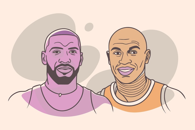 Vetor dois homens de uniformes laranja e branco, um dos quais é um desenho de um homem com uma camisa roxa
