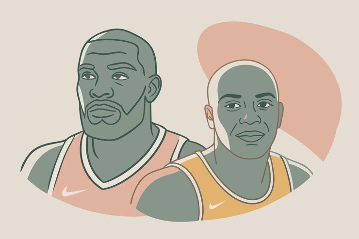 Vetor dois homens em uma camisola de basquete, um dos quais está vestindo uma camisola vermelha e branca