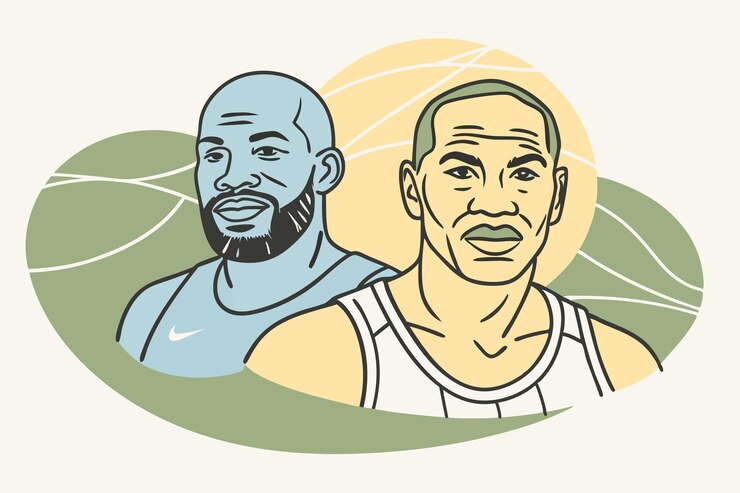 Vetor dois homens em uma quadra de basquete com um usando um logotipo da nike