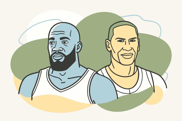 Vetor dois homens em uniformes de basquete estão de pé na frente de um fundo verde