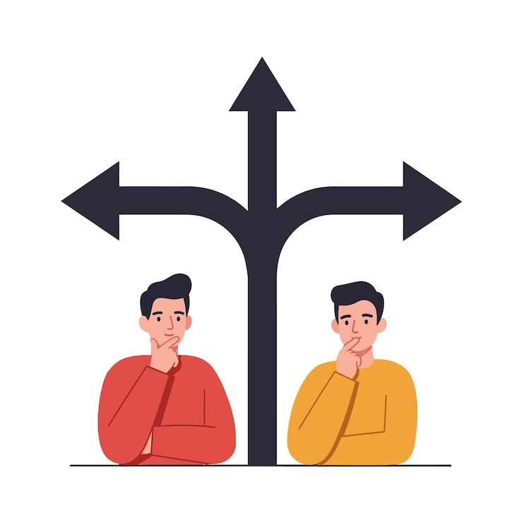 Vetor dois homens pensativos ponderando decisões em uma encruzilhada com setas direcionais em uma ilustração vetorial de design plano mínimo