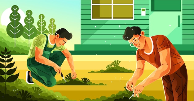 Dois homens plantando plantas na frente de uma casa