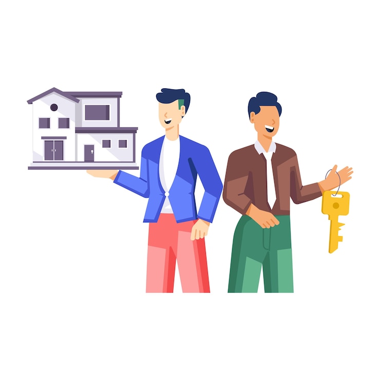 Vetor dois homens segurando uma casa com uma casa no fundo